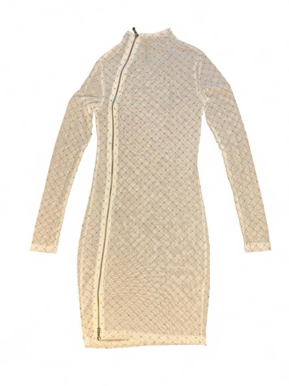 White Rhinestone Sheer Mesh Long-Sleeve Bodycon Dress